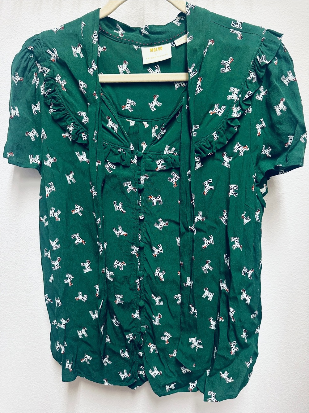 Anthropologie Maeve Adagio Dog Print Green Ruffled Bow-tie Blouse XL Animal Boho - Picture 6 of 7